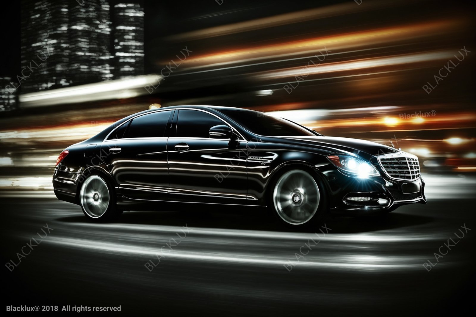 Side view of a black Mercedes sedan with blurred city lights suggesting movement at night