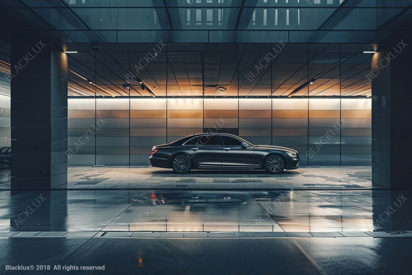 Side profile of a black sedan beneath a modern glass and metal canopy