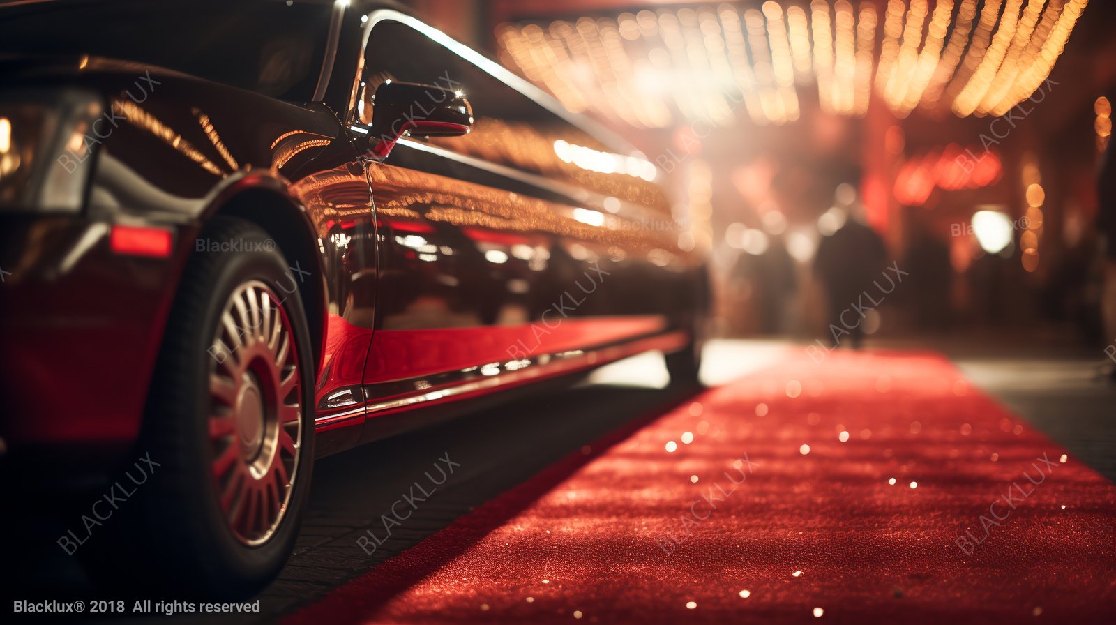A dark limousine beside a red carpet with warm lights reflected along its body