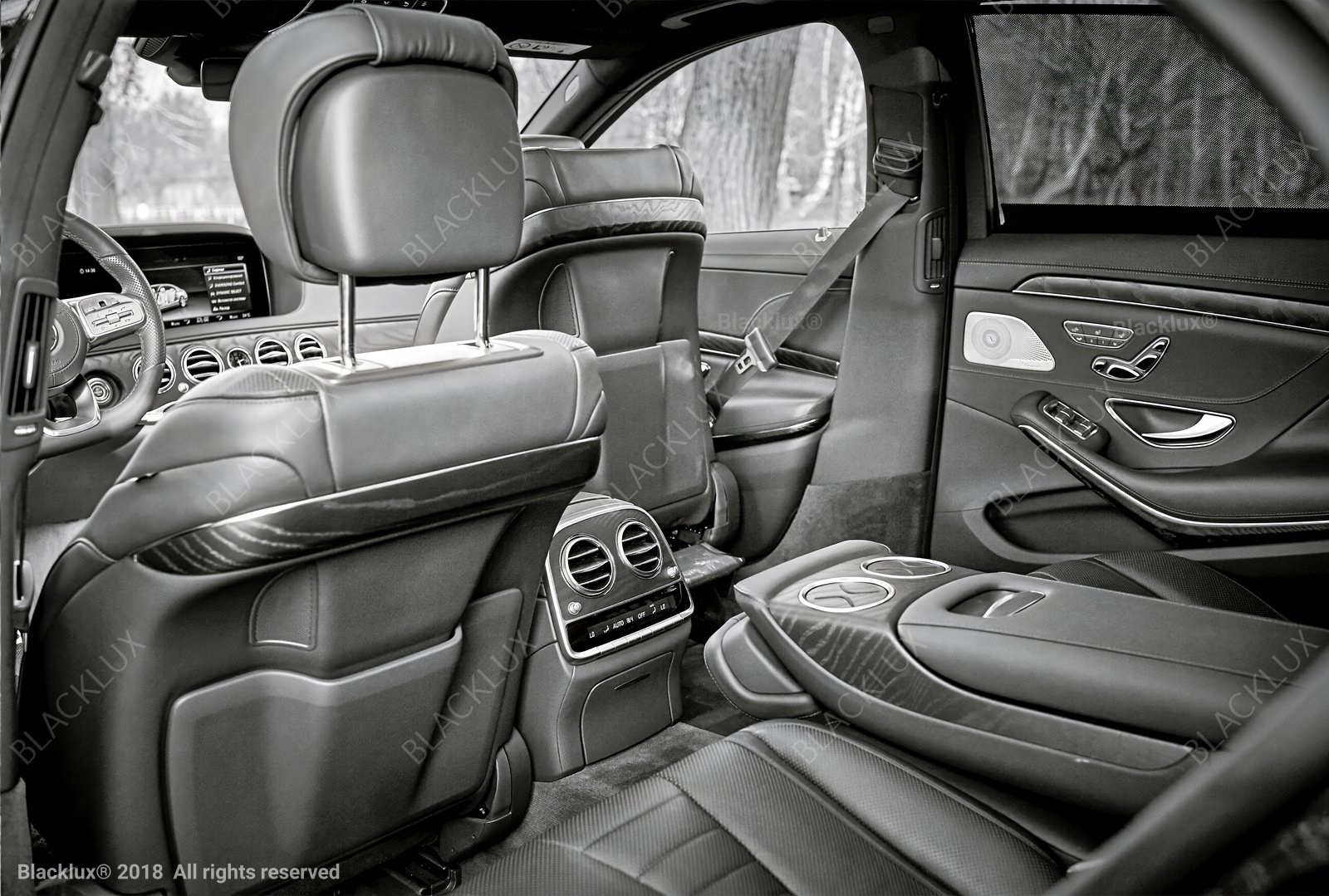 Monochrome view of a car’s rear seating area with central armrest and front seat backs