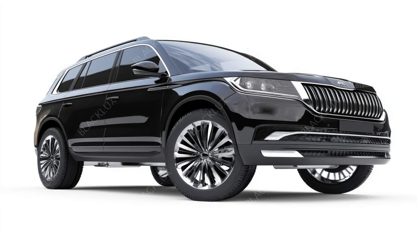 Three-quarter studio view of a black SUV against a light background