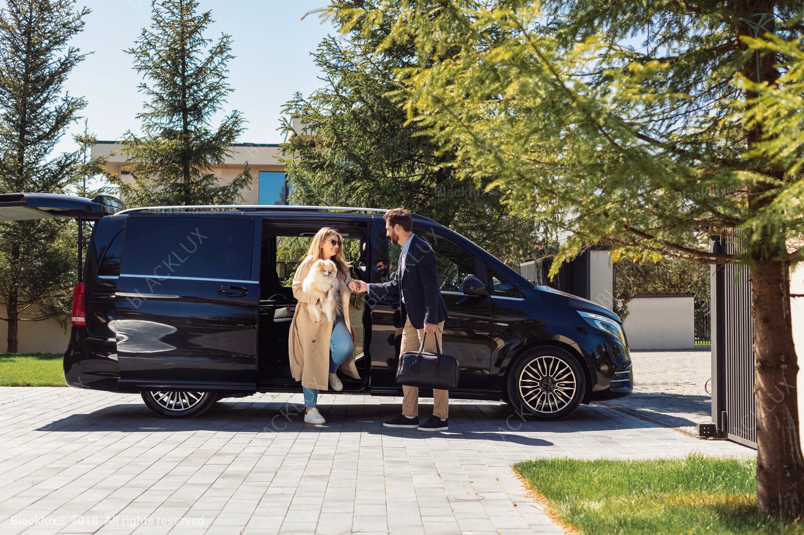 A suited man helping a woman beside the open door of a dark passenger van