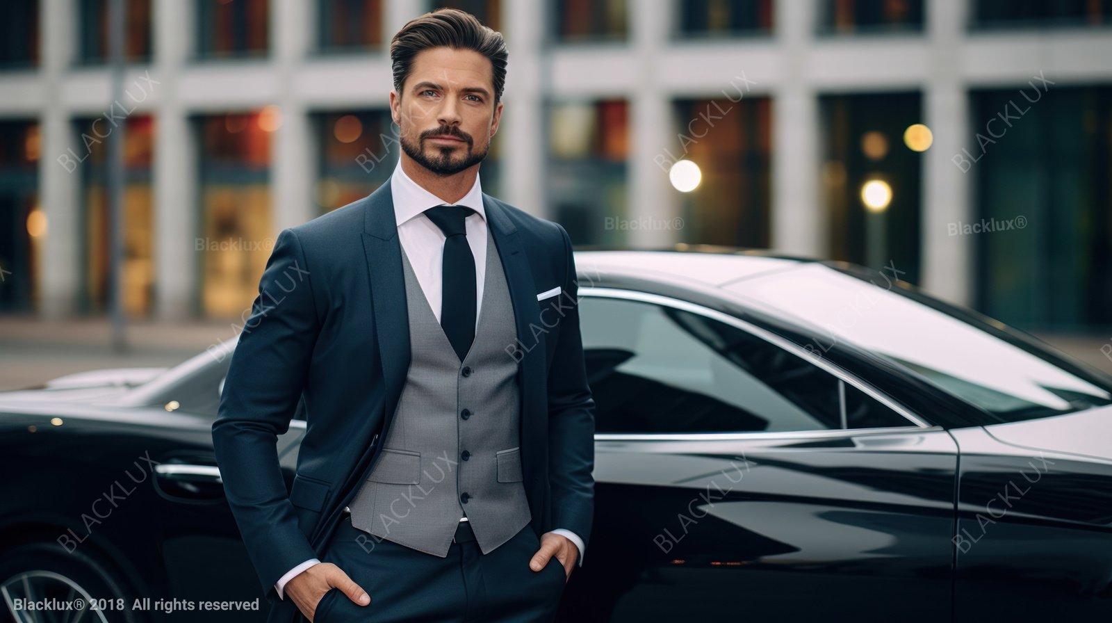 Portrait of a man in a navy three-piece suit beside a black car and a modern building