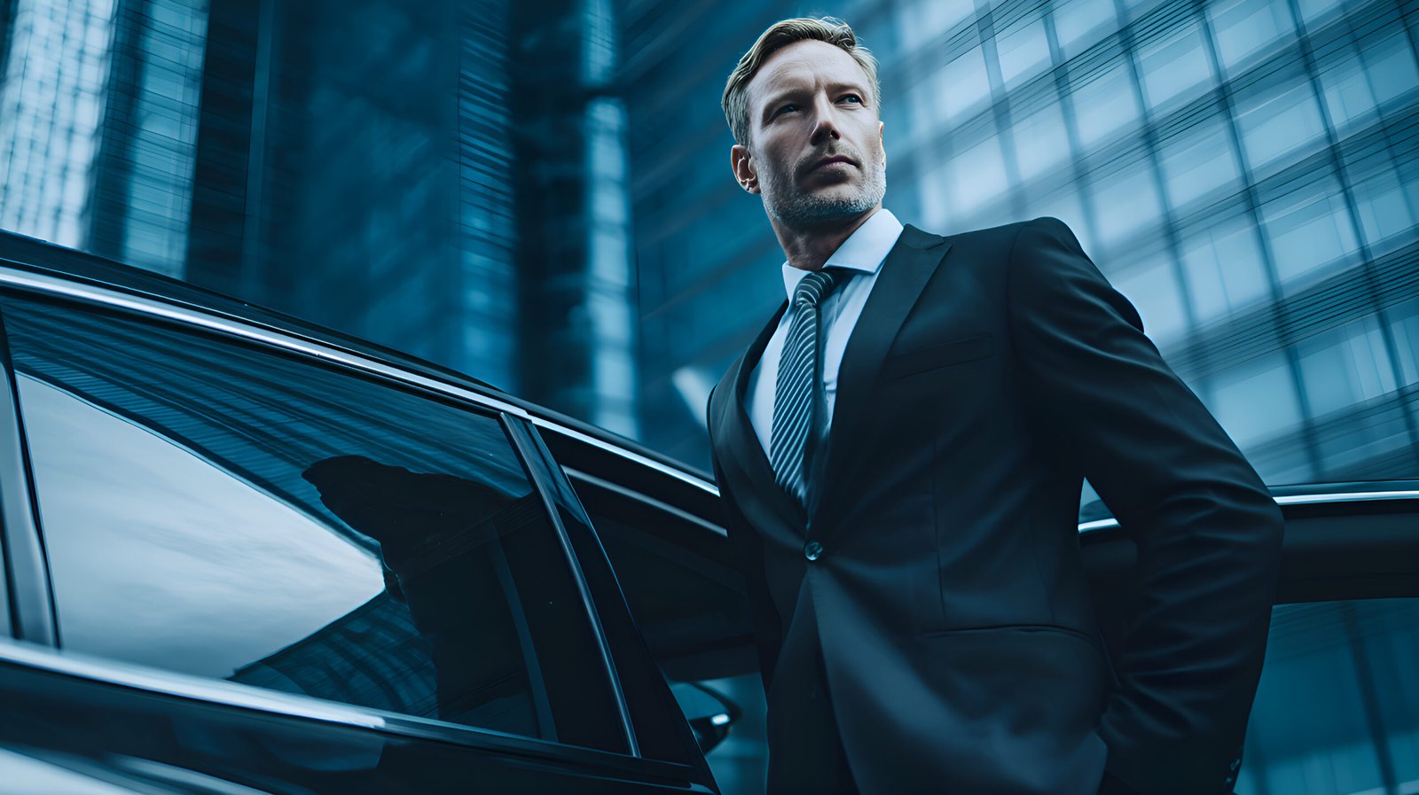 Low-angle portrait of a suited passenger beside an open dark car door and glass office buildings